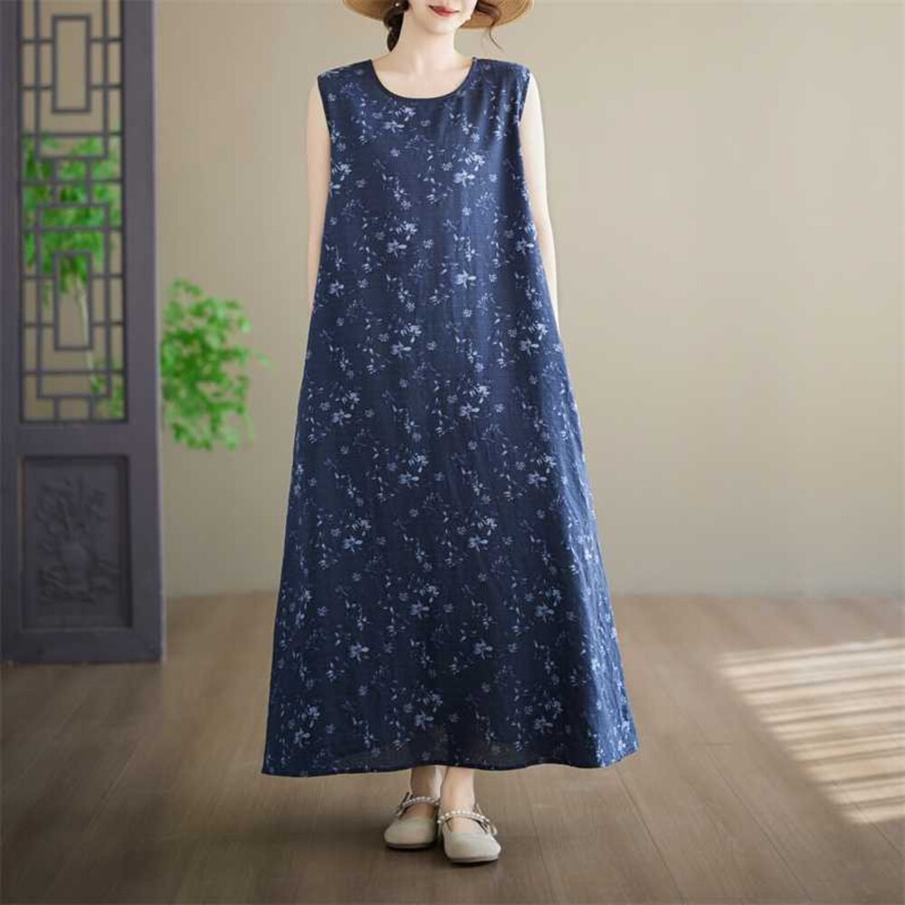  【D8244】 夏日 度假風 花卉 印花 洋裝 連身裙 無袖 長裙 花朵 A字裙 韓系 實拍 文藝