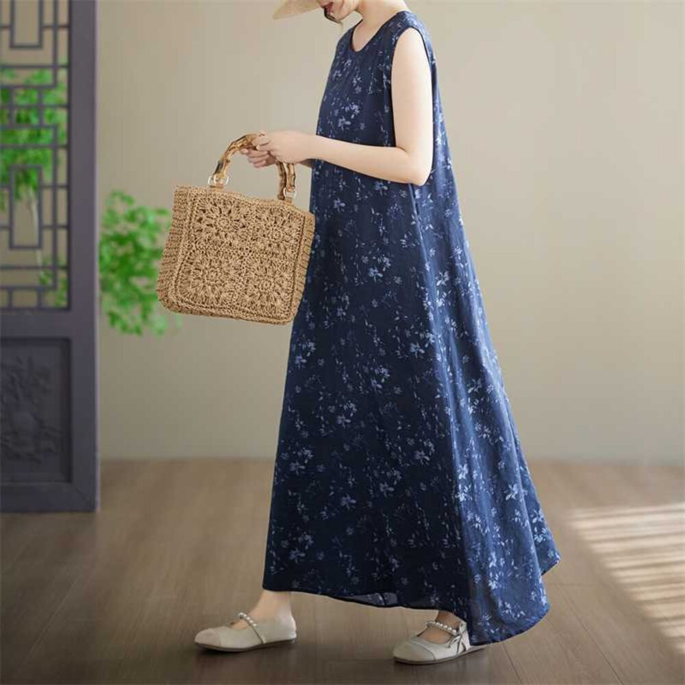 D8244-【D8244】 夏日 度假風 花卉 印花 洋裝 連身裙 無袖 長裙 花朵 A字裙 韓系 實拍 文藝