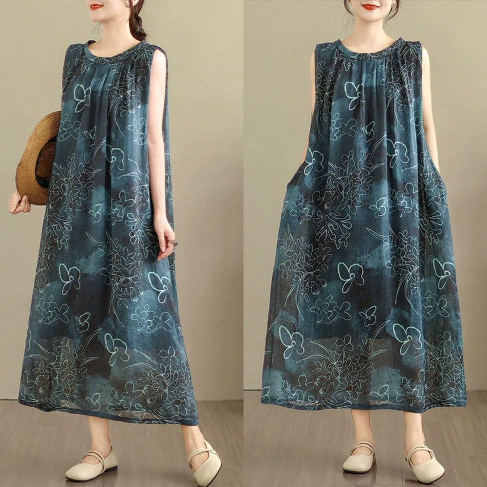 D8305-【D8305】 夏日 波西米亞 度假風 口袋 印花 洋裝 連身裙 無袖 花朵 長裙 實拍 文藝