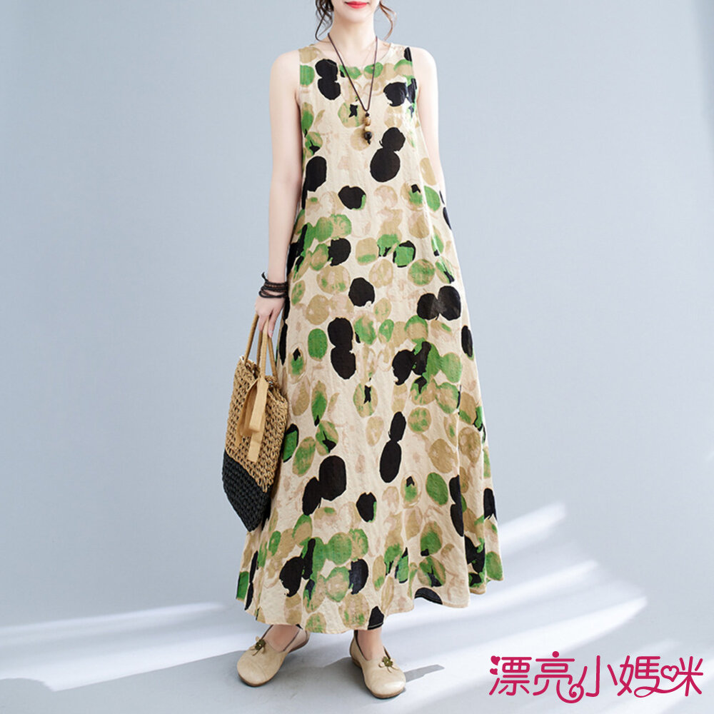  【D8605】 夏日 圓點 度假風 印花 洋裝 長裙 無袖 露肩 實拍 文藝