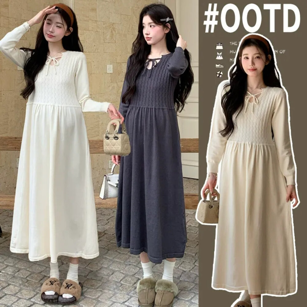  【D8711】 冬日 韓系 半開領 繫帶 洋裝 質感 長袖 針織裙 實拍 毛衣裙 針織洋裝 孕婦裝