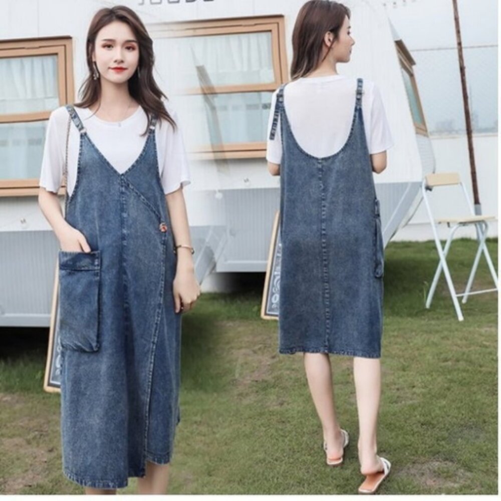 【D8813】 夏日 吊帶洋裝 牛仔 吊帶裙 牛仔裙 背心裙 洋裝 孕婦裝 V領 背帶裙 封面照片