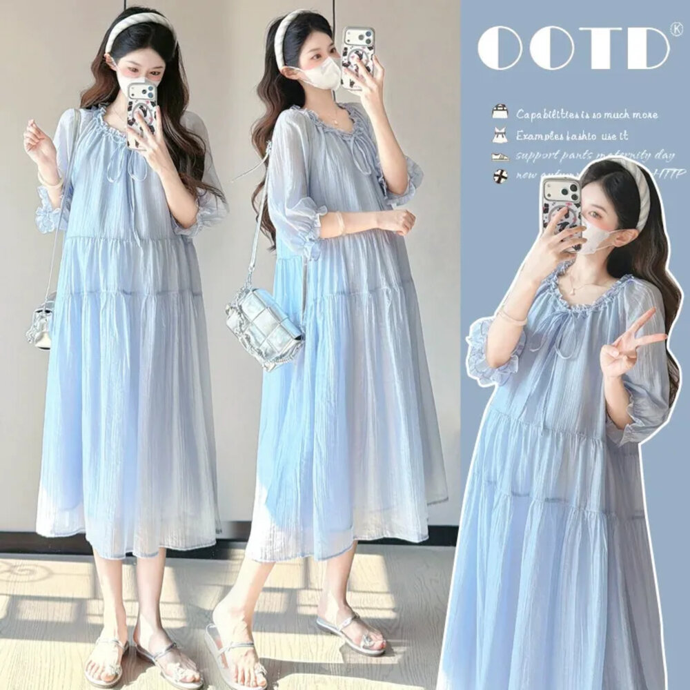  【D8823】早春 甜美 蝴蝶結 繫帶 親膚 洋裝 泡泡袖 長裙 中袖 韓系 孕婦裝 實拍