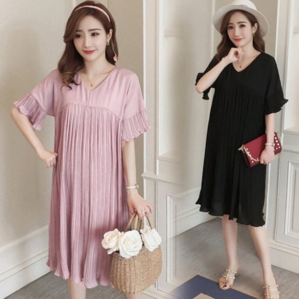 【D8883】 夏日 韓系 洋裝  傘狀 喇叭袖 雪紡裙 短袖 孕婦裝 百褶裙 雪紡洋裝 封面照片