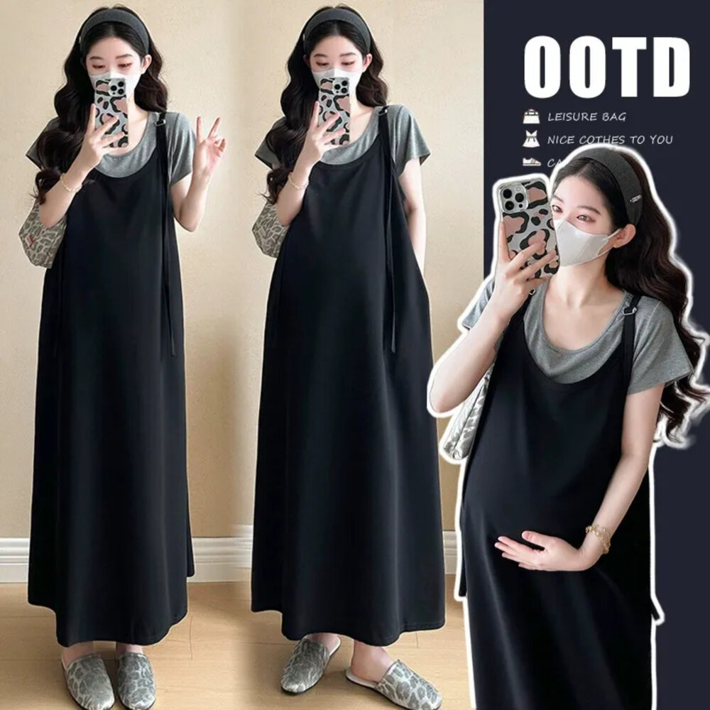  【D8935】 夏日 寬鬆 吊帶長裙 長款 洋裝 短袖 孕婦裝 洋裝 實拍 吊帶裙 不含上衣