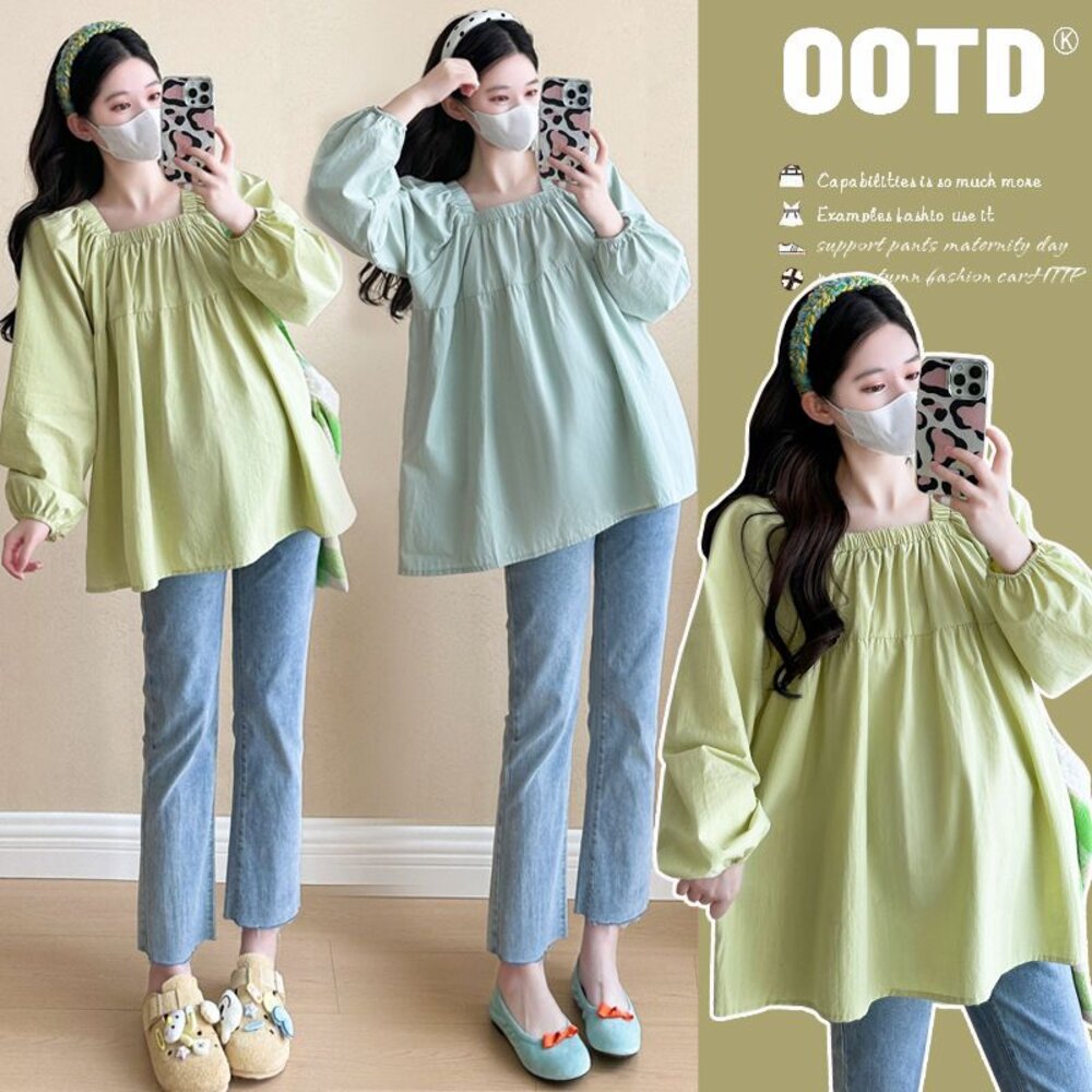 【D8996】 春秋 娃娃衫 上衣 長袖 純色 方領 襯衫 孕婦裝 孕婦 娃娃裝 封面照片