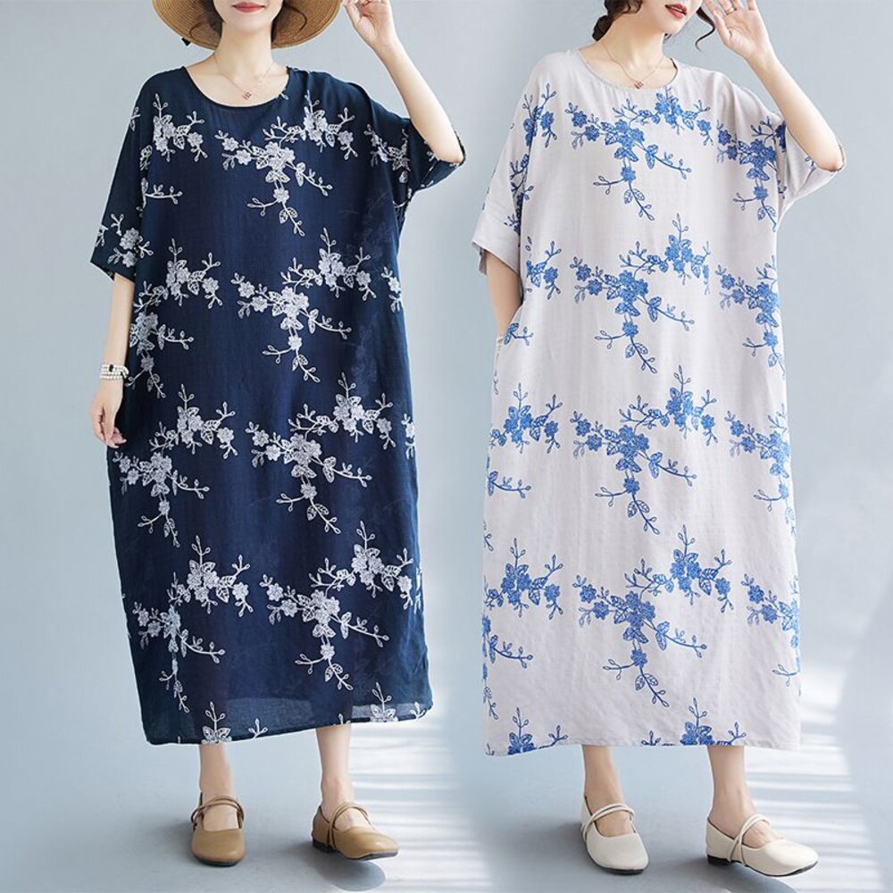 D9056-【D9056】 夏日 短袖 印花 花朵 洋裝 長裙 中大尺碼 口袋 長洋裝 實拍 文藝 寬鬆