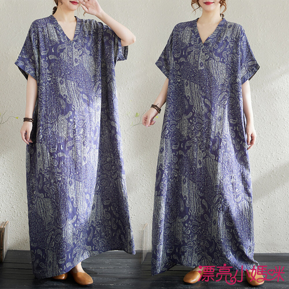  【D9102】 夏日 度假風 棉麻 碎花 印花 洋裝 V領 連身裙 短袖 實拍 文藝 長裙 加大尺碼