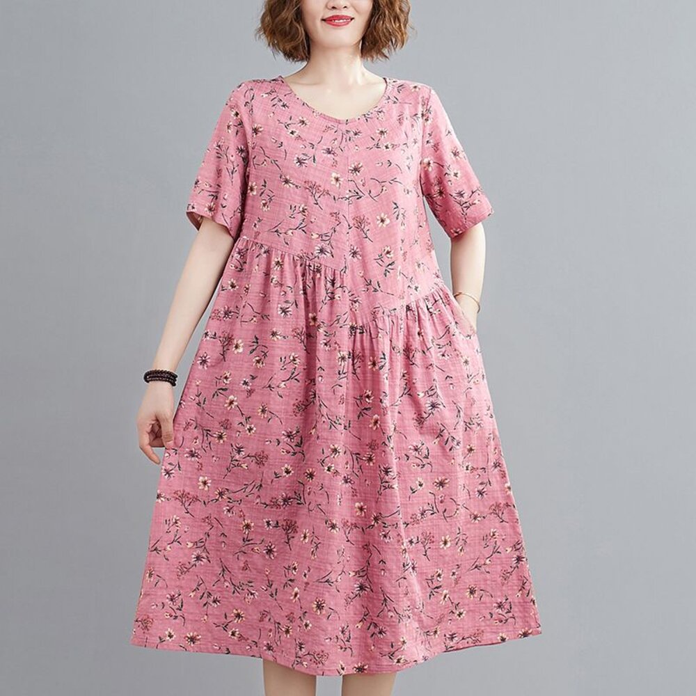 【D9119】 夏日 實拍 碎花 印花 短袖 文藝 中大尺碼 洋裝 中長裙 棉麻 口袋 洋裝-圖片-1