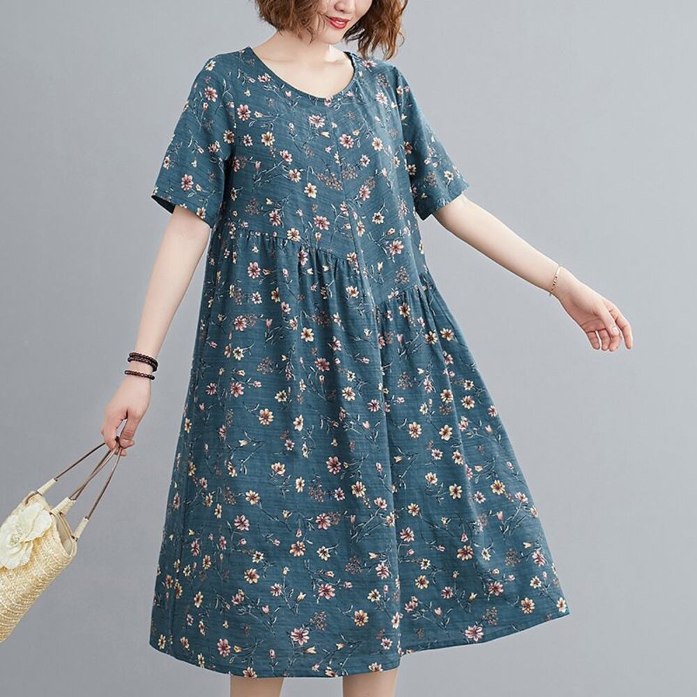 【D9119】 夏日 實拍 碎花 印花 短袖 文藝 中大尺碼 洋裝 中長裙 棉麻 口袋 洋裝-圖片-2