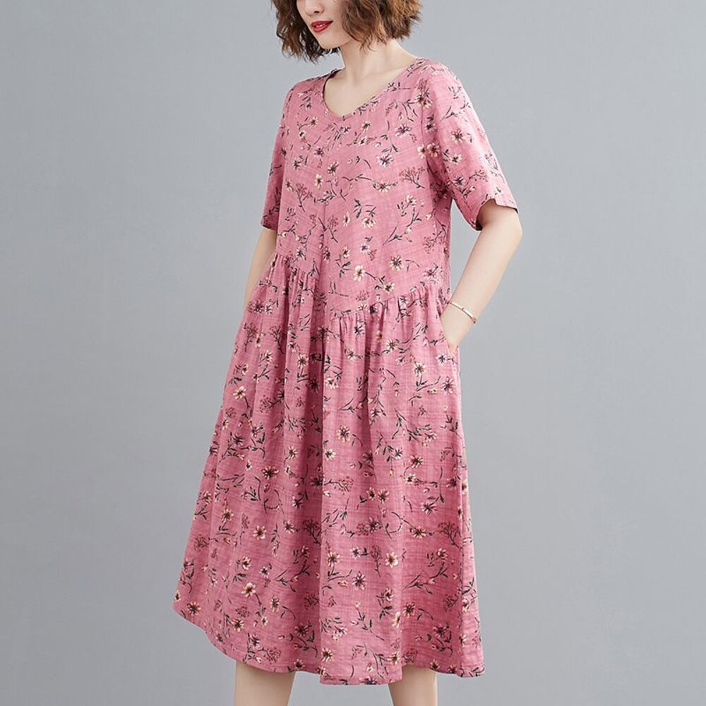 【D9119】 夏日 實拍 碎花 印花 短袖 文藝 中大尺碼 洋裝 中長裙 棉麻 口袋 洋裝-圖片-3