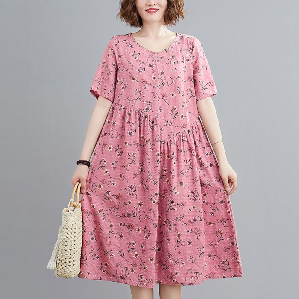 【D9119】 夏日 實拍 碎花 印花 短袖 文藝 中大尺碼 洋裝 中長裙 棉麻 口袋 洋裝-圖片-4