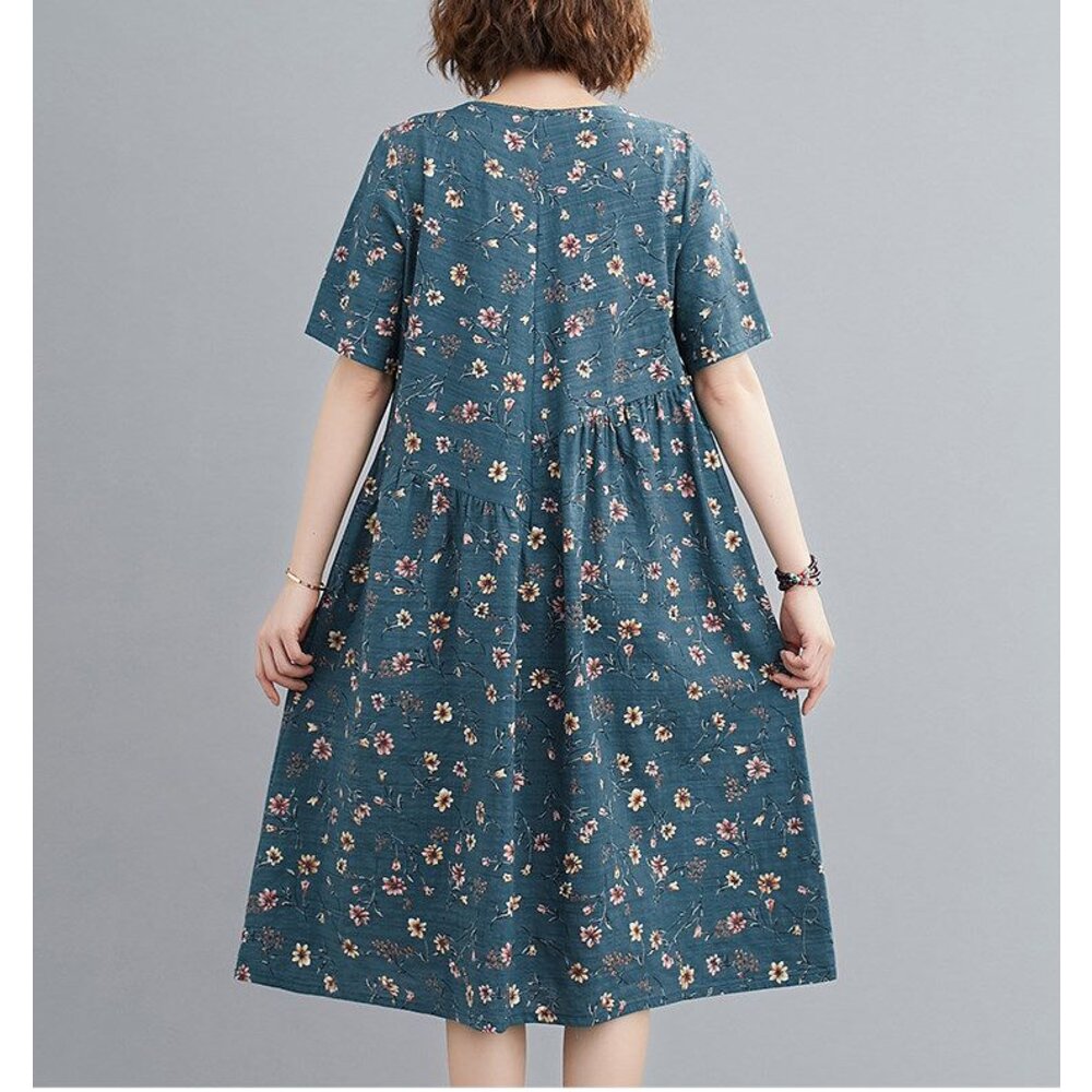 【D9119】 夏日 實拍 碎花 印花 短袖 文藝 中大尺碼 洋裝 中長裙 棉麻 口袋 洋裝-圖片-6