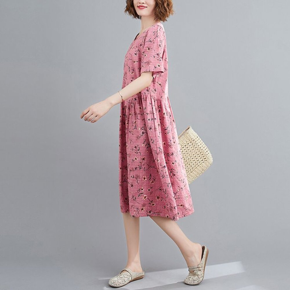 【D9119】 夏日 實拍 碎花 印花 短袖 文藝 中大尺碼 洋裝 中長裙 棉麻 口袋 洋裝-圖片-7