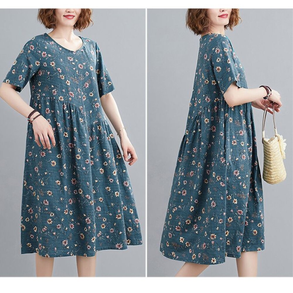 【D9119】 夏日 實拍 碎花 印花 短袖 文藝 中大尺碼 洋裝 中長裙 棉麻 口袋 洋裝-圖片-8