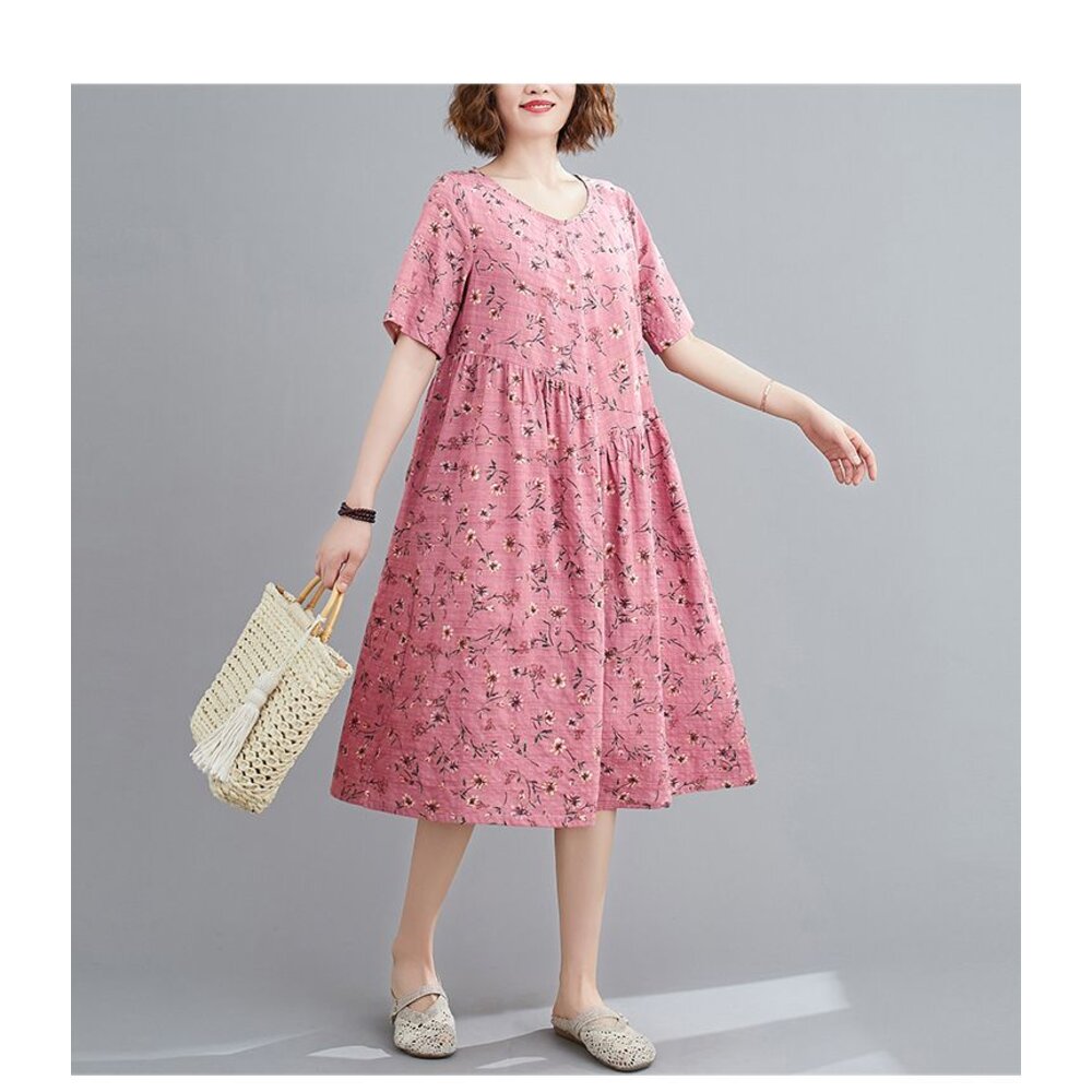 【D9119】 夏日 實拍 碎花 印花 短袖 文藝 中大尺碼 洋裝 中長裙 棉麻 口袋 洋裝-圖片-9