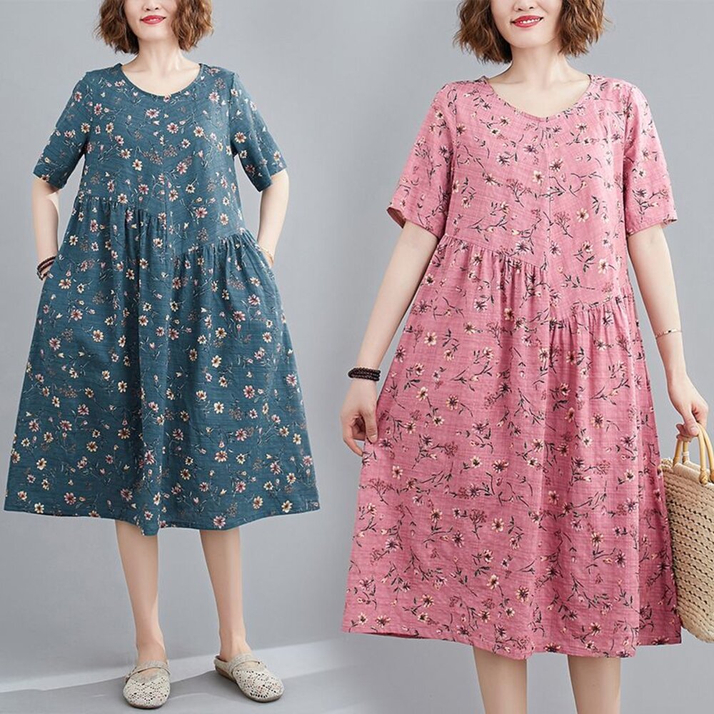 【D9119】夏日實拍碎花印花短袖文藝中大尺碼洋裝中長裙棉麻口袋洋裝