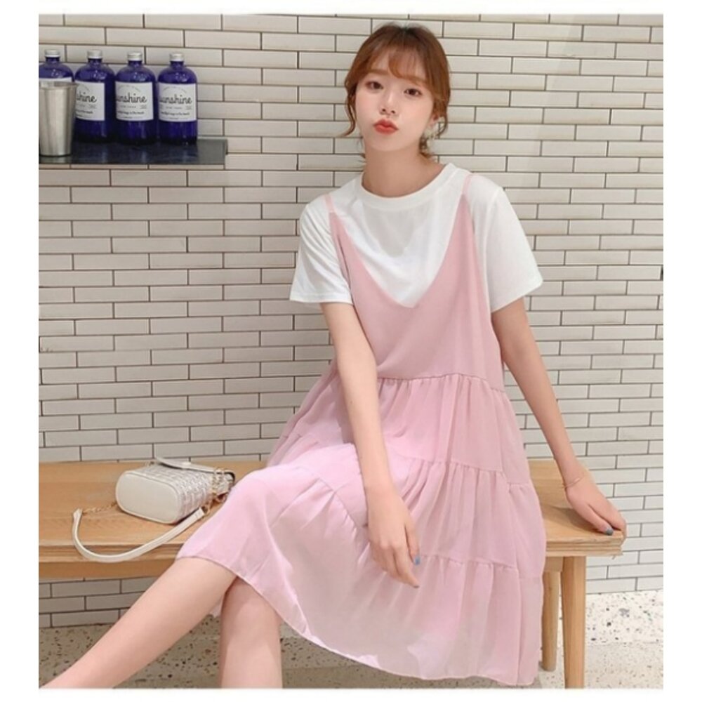 D9126-真兩件洋裝 【D9126】 V領 短袖 二件式 吊帶裙 背心裙 孕婦裝 孕婦 洋裝