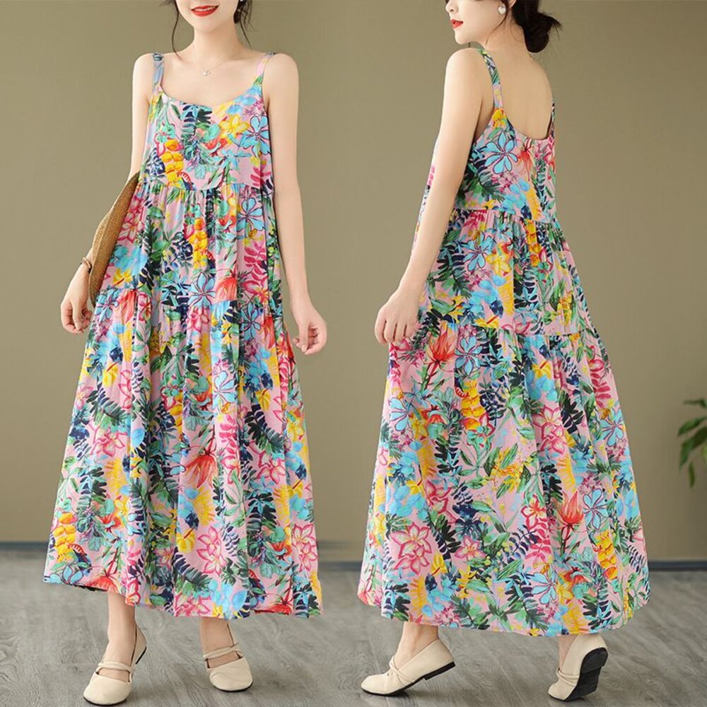 D9134-【D9134】 夏日 度假風 印花 洋裝 棉麻 連身裙 無袖 露肩 亞麻 花朵 吊帶裙 實拍 文藝