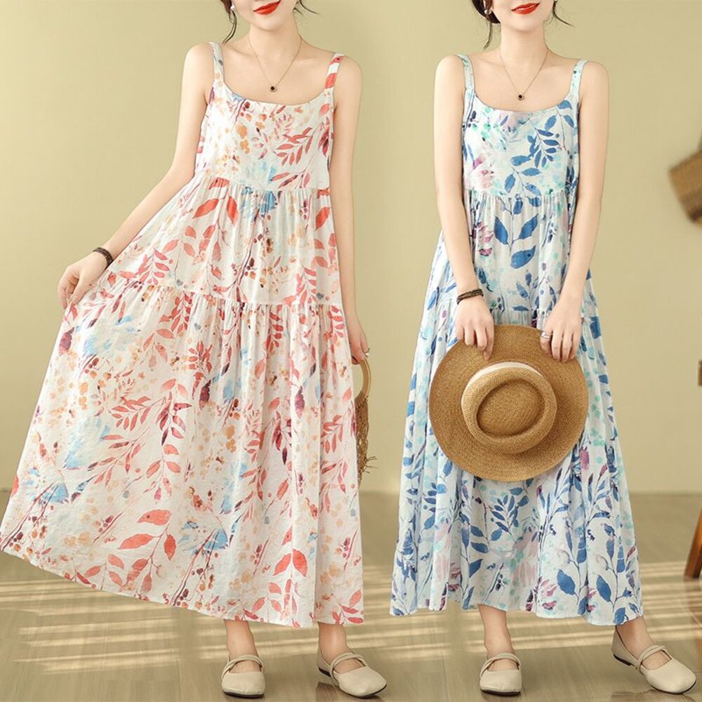 【D9138】 夏日 方領 度假風 吊帶 棉麻 印花 洋裝 長裙 無袖 露肩 實拍 文藝 封面照片