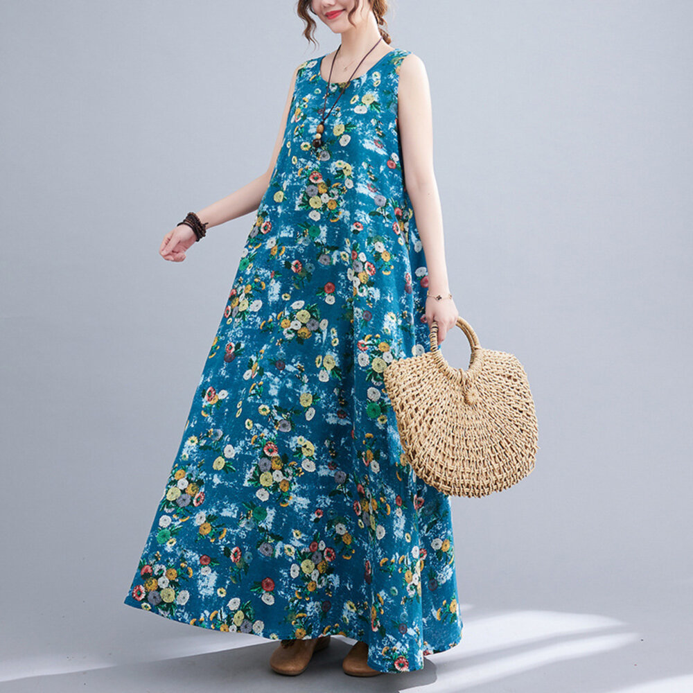 D9257-【D9257】 夏日 度假風 印花 洋裝 棉麻 連身裙 無袖 露肩 亞麻 花朵 吊带裙 A字裙 韓系 實拍 文藝