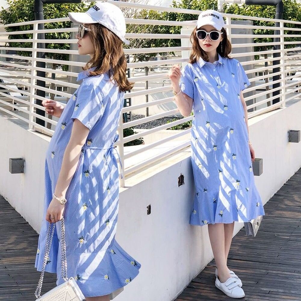 【D9292】 夏日 條紋 繡花 短袖 魚尾長裙 孕婦裝 L~XL  刺繡 魚尾洋裝 魚尾裙 封面照片