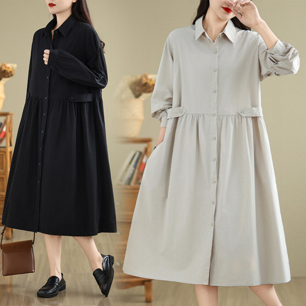 D9569-【D9569】 早春 純色 翻領 開扣 長袖 連身裙 襯衫洋裝 寬鬆 實拍 文藝 中大尺碼