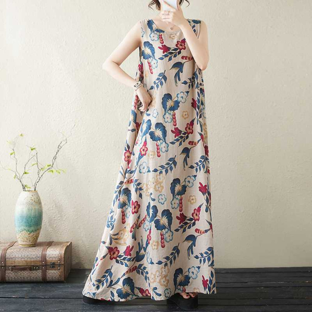 D9909-【D9909】 夏日 度假風 印花 洋裝  連身裙 無袖 露肩 縲縈 花朵 吊带裙 A字裙 韓系 實拍 文藝