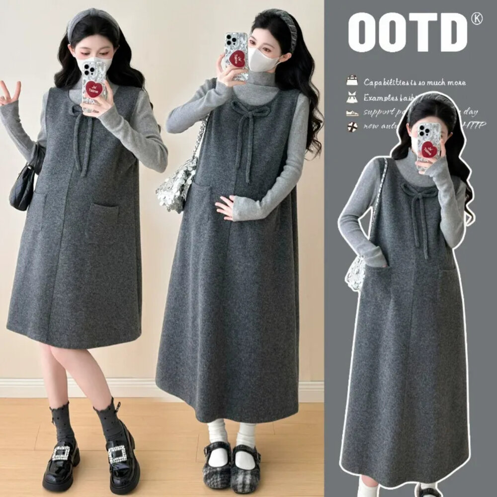 D9910-【D9910】秋冬 蝴蝶結 背心 毛呢 無袖 孕婦裝 背心裙 背心洋裝 不含上衣 長裙 短裙 任選