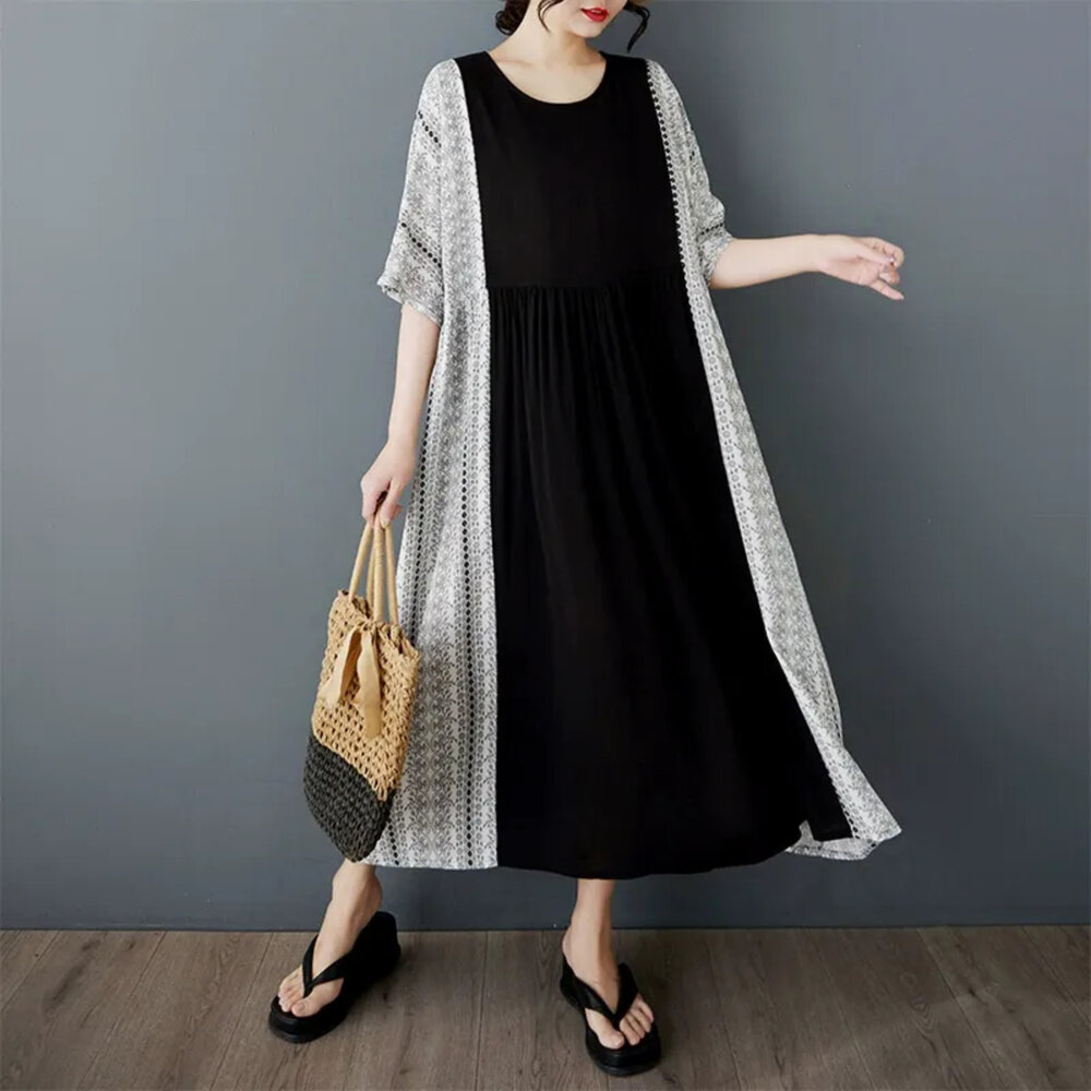 D9970-【D9970】 夏日 撞色 波西米亞 度假風 印花 洋裝 棉麻 連身裙 短袖 實拍 文藝 長裙 加大尺碼