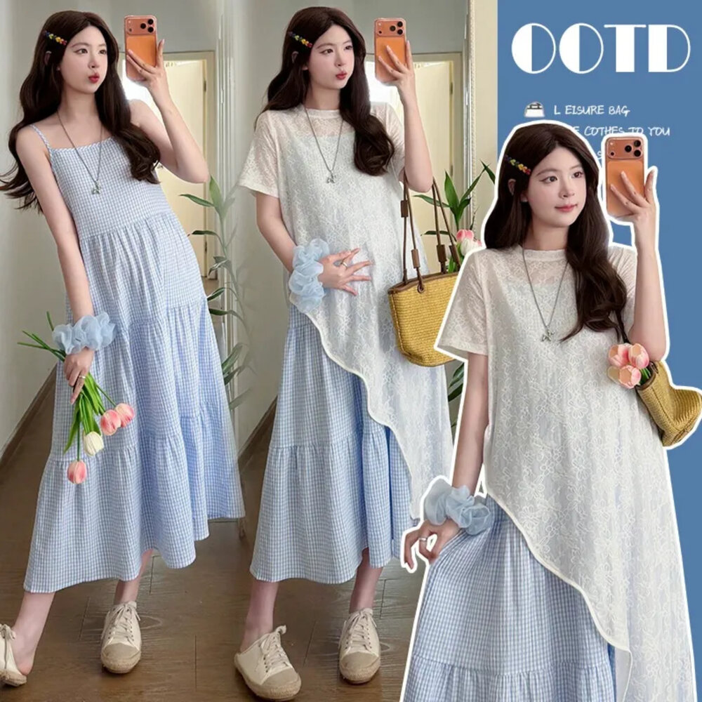  【DS3566】 夏日 清新 格紋 蕾絲 罩衫 格子 吊帶裙 洋裝 兩件式 長裙 孕婦裝 連身裙