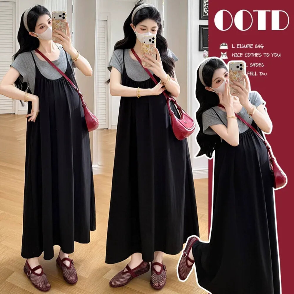  【DS5273】 夏日 兩件式 寬鬆 吊帶長裙 長款 洋裝 短袖 孕婦裝 洋裝 實拍 吊帶裙