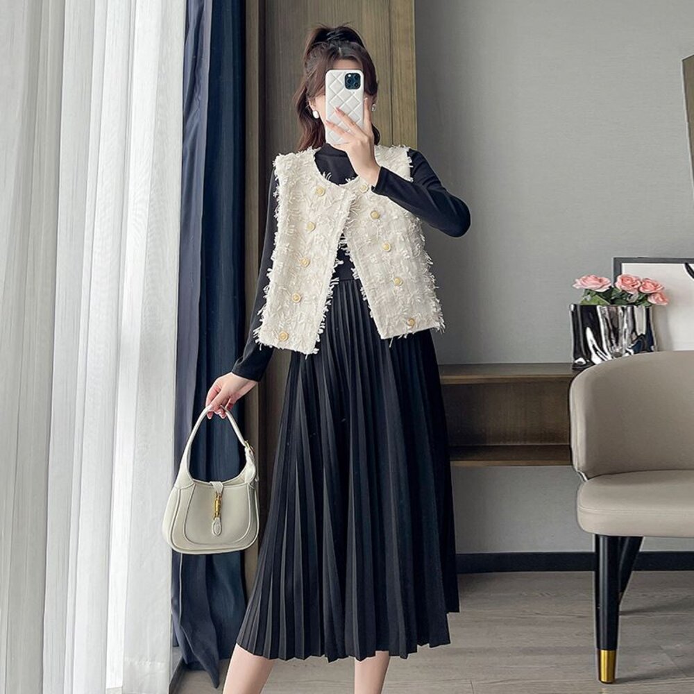 【DS8865】 秋冬 套裝 法式 小香風 流蘇 背心 馬甲 百褶裙 韓系 洋裝 孕婦裝-圖片-1