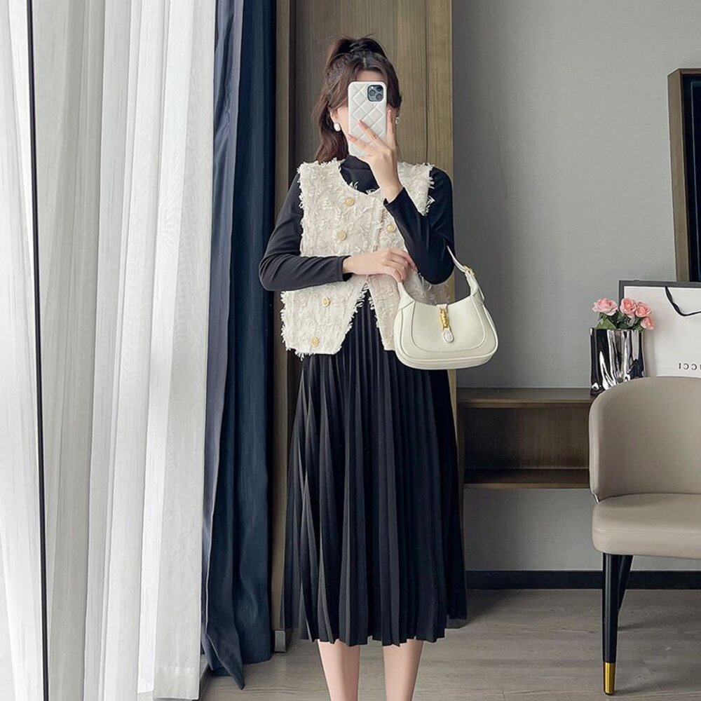 【DS8865】 秋冬 套裝 法式 小香風 流蘇 背心 馬甲 百褶裙 韓系 洋裝 孕婦裝-圖片-2