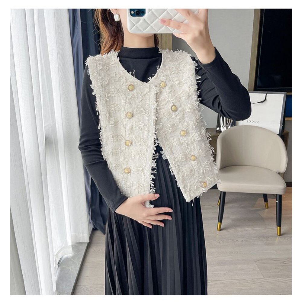 【DS8865】 秋冬 套裝 法式 小香風 流蘇 背心 馬甲 百褶裙 韓系 洋裝 孕婦裝-圖片-3