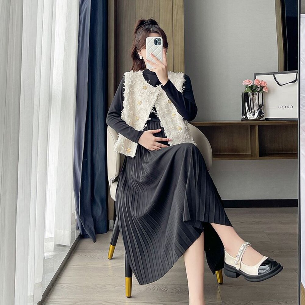 【DS8865】 秋冬 套裝 法式 小香風 流蘇 背心 馬甲 百褶裙 韓系 洋裝 孕婦裝-圖片-4