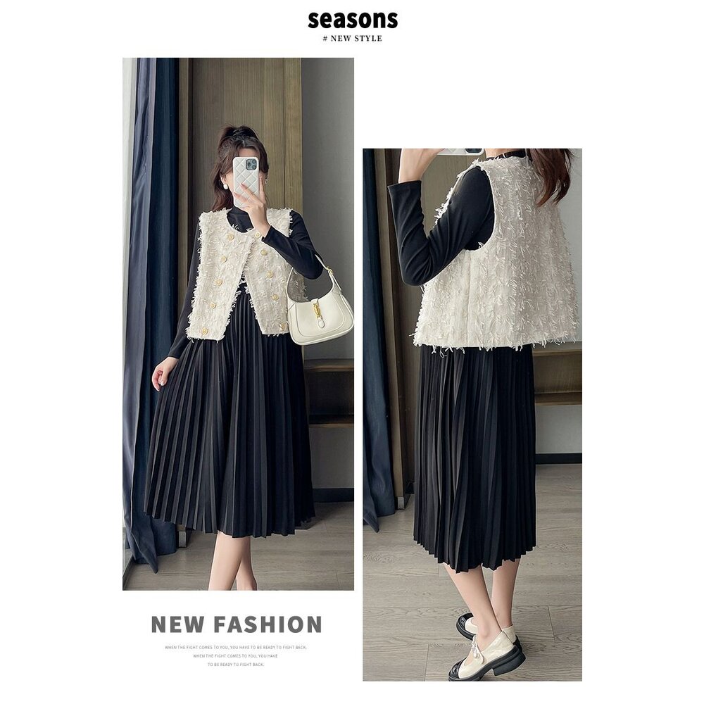 【DS8865】 秋冬 套裝 法式 小香風 流蘇 背心 馬甲 百褶裙 韓系 洋裝 孕婦裝-圖片-5