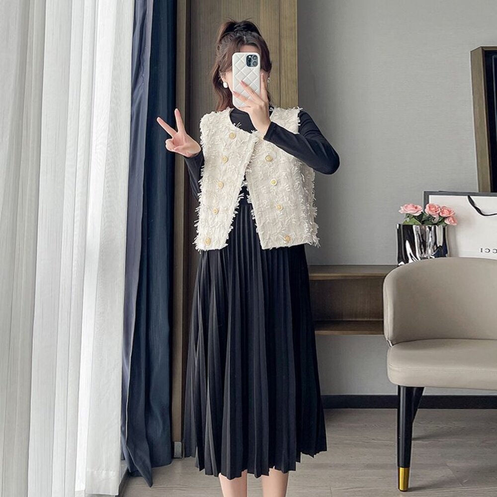 【DS8865】 秋冬 套裝 法式 小香風 流蘇 背心 馬甲 百褶裙 韓系 洋裝 孕婦裝-圖片-7