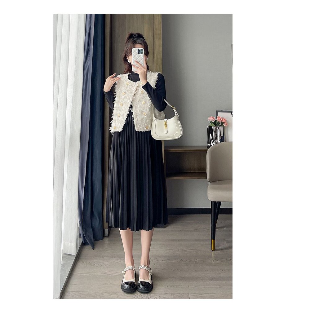 【DS8865】 秋冬 套裝 法式 小香風 流蘇 背心 馬甲 百褶裙 韓系 洋裝 孕婦裝-圖片-8