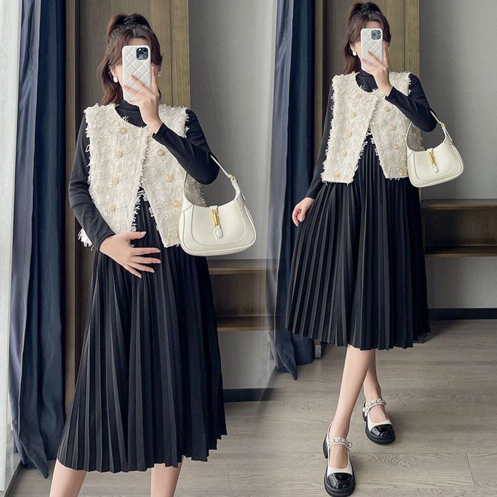 【DS8865】秋冬套裝法式小香風流蘇背心馬甲百褶裙韓系洋裝孕婦裝