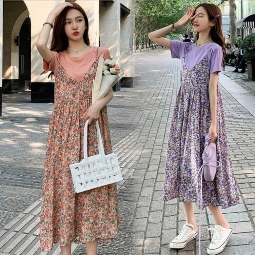 【DS9356】 夏日 碎花洋裝 兩件式 吊帶裙 長裙 雪紡 長洋裝 孕婦裝 洋裝 連身裙 封面照片