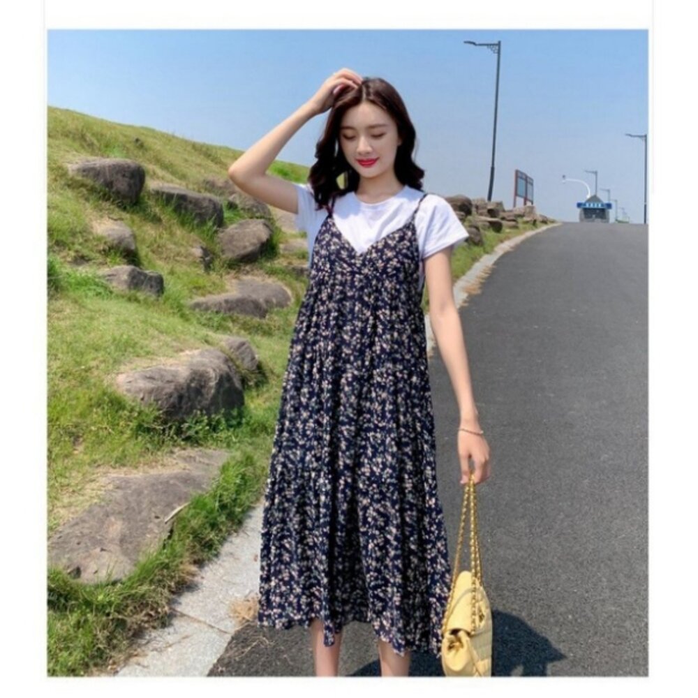 【DS9846】 夏日 碎花 兩件式 長裙 短袖 背心長裙 細肩 碎花小洋裝 長洋裝 背心裙 一般款-圖片-1