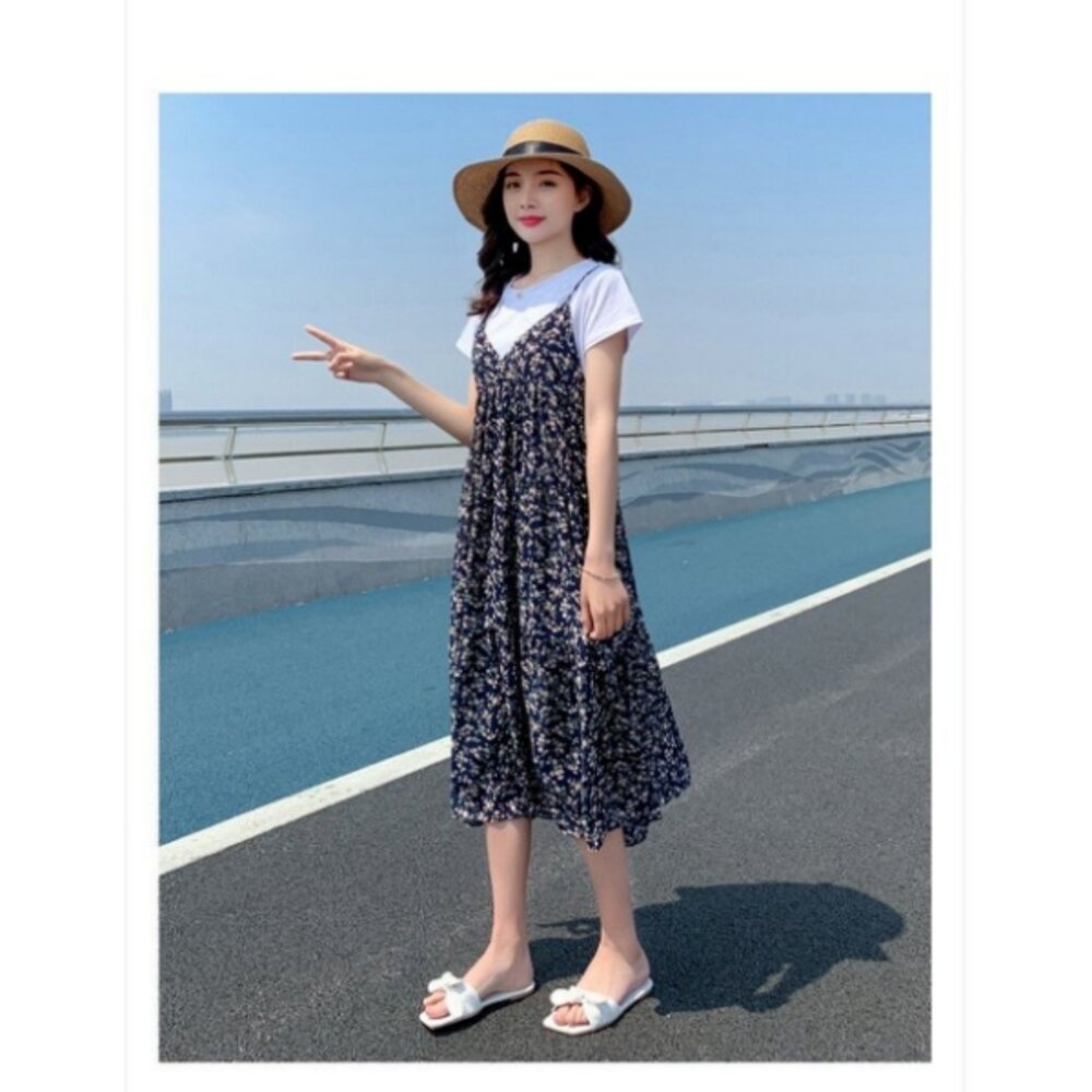 【DS9846】 夏日 碎花 兩件式 長裙 短袖 背心長裙 細肩 碎花小洋裝 長洋裝 背心裙 一般款-圖片-2