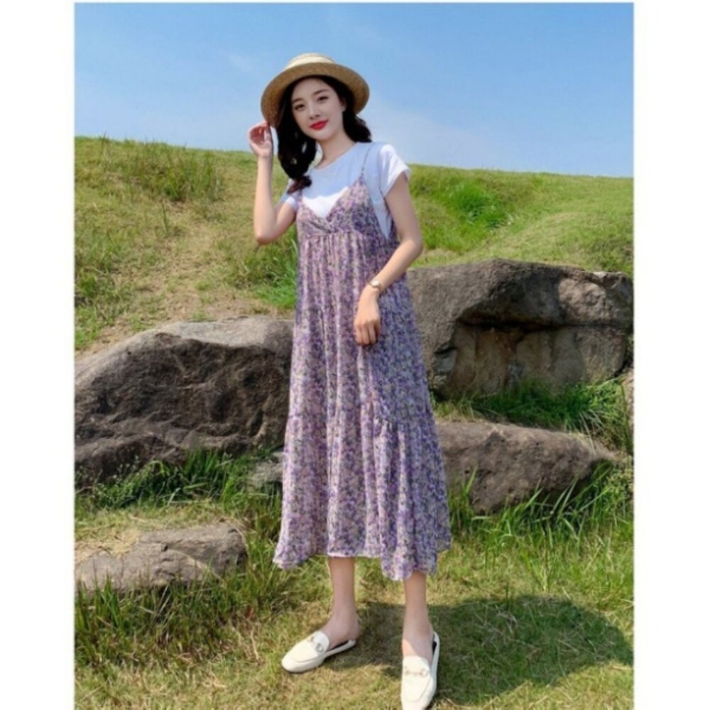 【DS9846】 夏日 碎花 兩件式 長裙 短袖 背心長裙 細肩 碎花小洋裝 長洋裝 背心裙 一般款-圖片-3