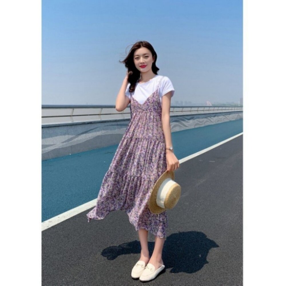 【DS9846】 夏日 碎花 兩件式 長裙 短袖 背心長裙 細肩 碎花小洋裝 長洋裝 背心裙 一般款-圖片-4