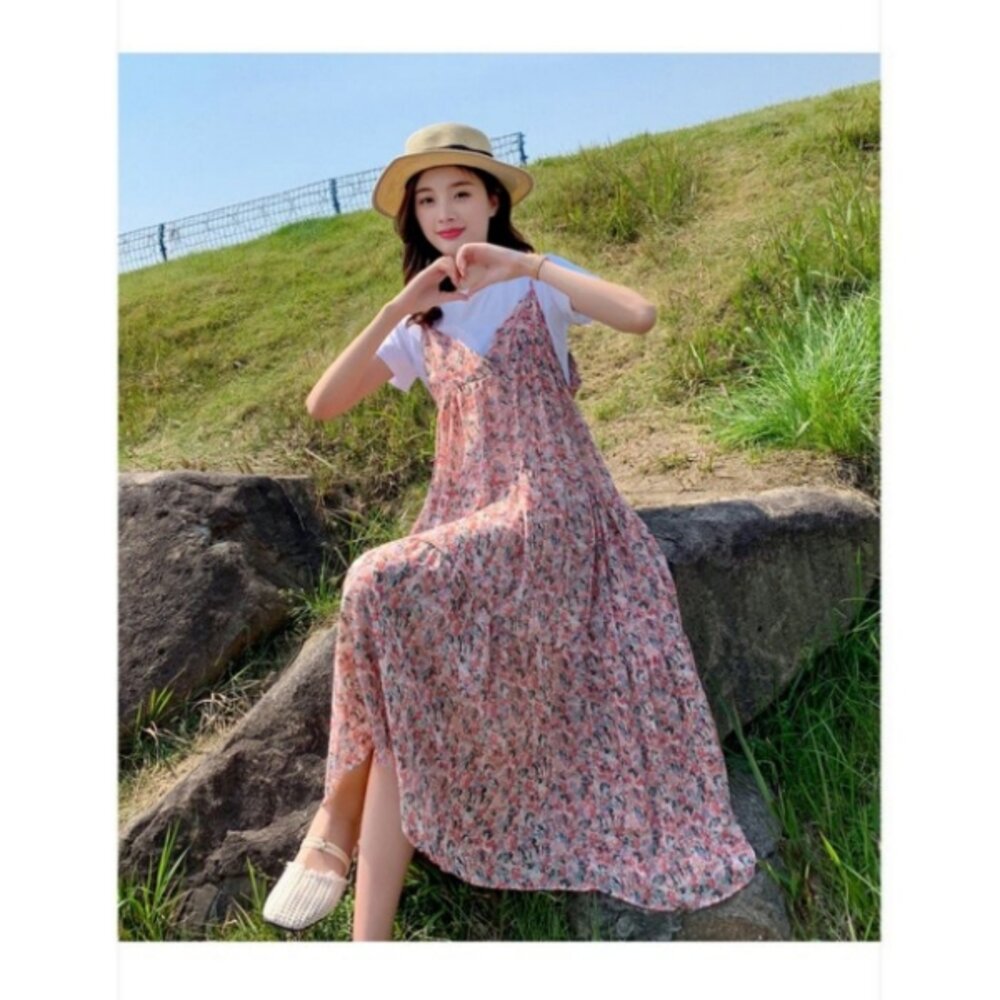【DS9846】 夏日 碎花 兩件式 長裙 短袖 背心長裙 細肩 碎花小洋裝 長洋裝 背心裙 一般款-圖片-5