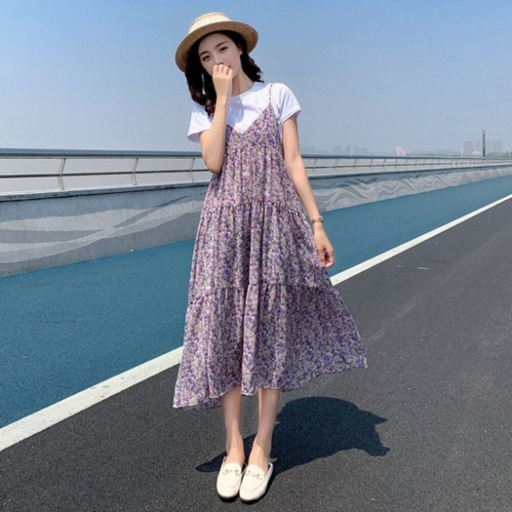 【DS9846】 夏日 碎花 兩件式 長裙 短袖 背心長裙 細肩 碎花小洋裝 長洋裝 背心裙 一般款-圖片-6