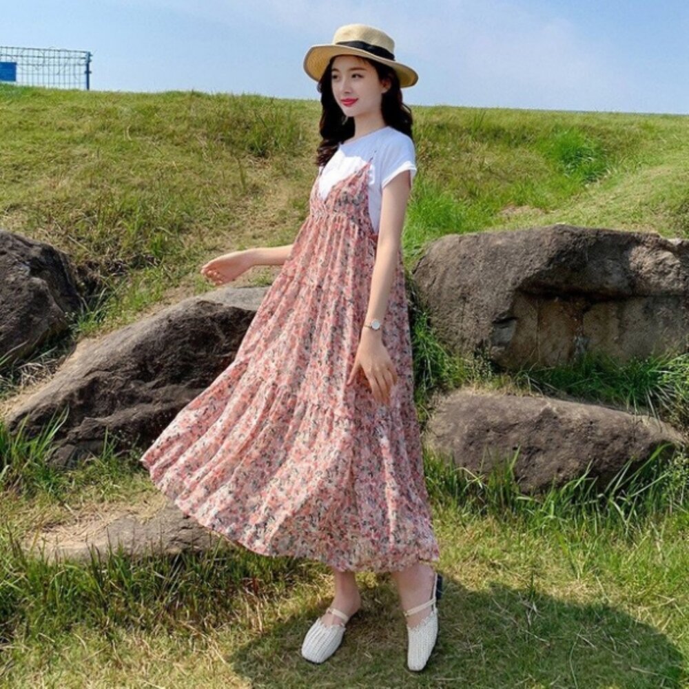 【DS9846】 夏日 碎花 兩件式 長裙 短袖 背心長裙 細肩 碎花小洋裝 長洋裝 背心裙 一般款-圖片-7