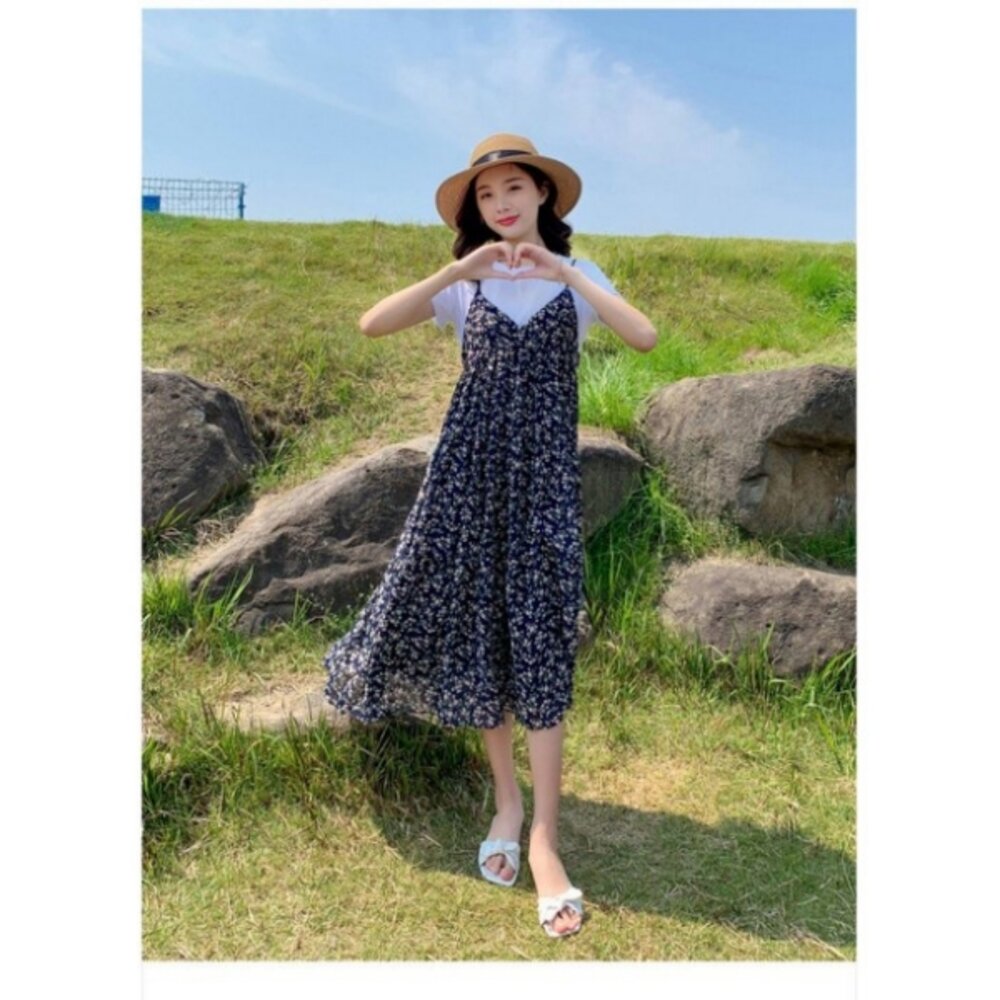 【DS9846】 夏日 碎花 兩件式 長裙 短袖 背心長裙 細肩 碎花小洋裝 長洋裝 背心裙 一般款-圖片-8