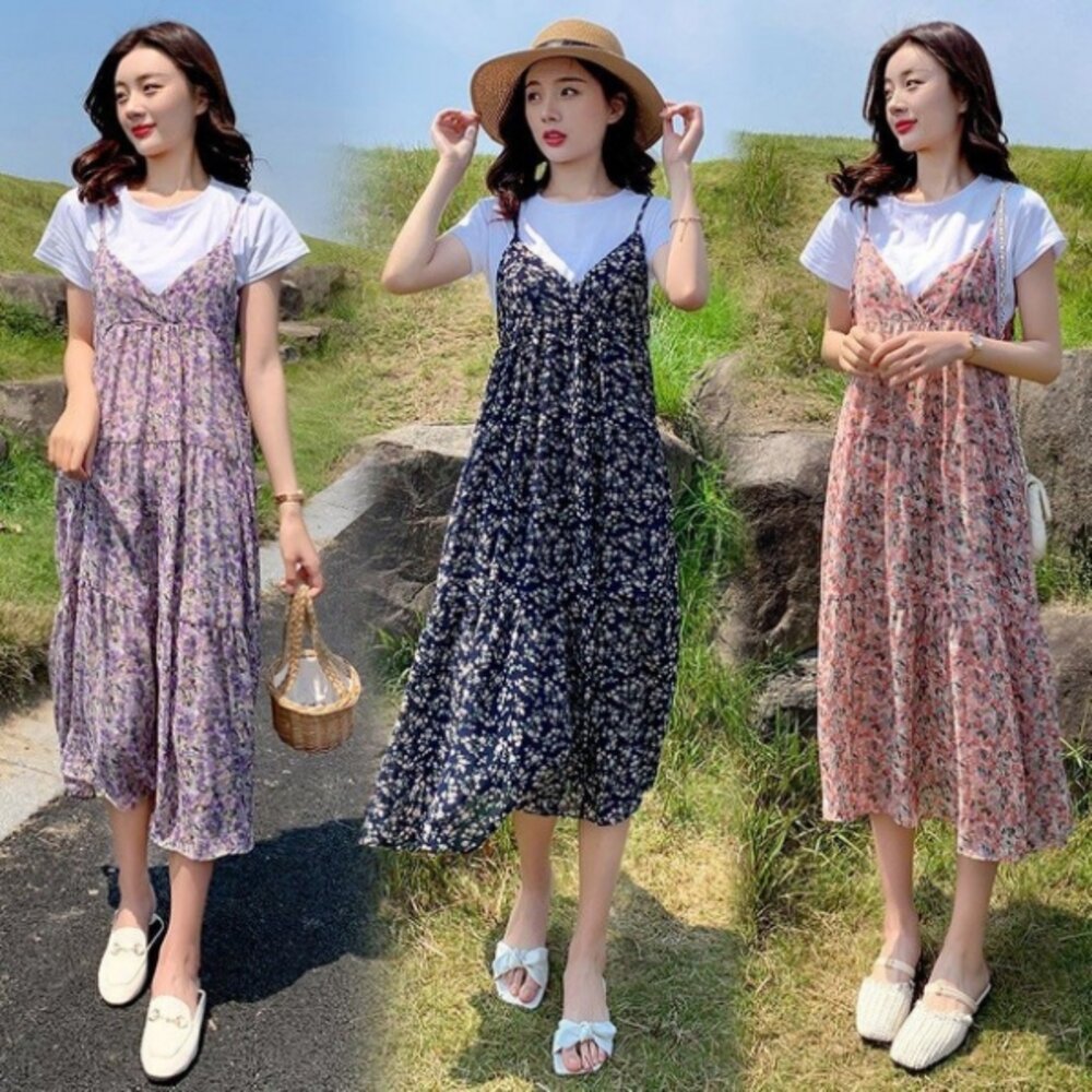 DS9846-【DS9846】 夏日 碎花 兩件式 長裙 短袖 背心長裙 細肩 碎花小洋裝 長洋裝 背心裙 一般款